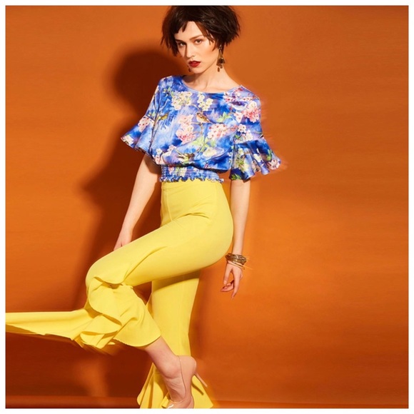 Bold Yellow Flared Ruffle Crop Stretch Pants - Picture 5 of 10